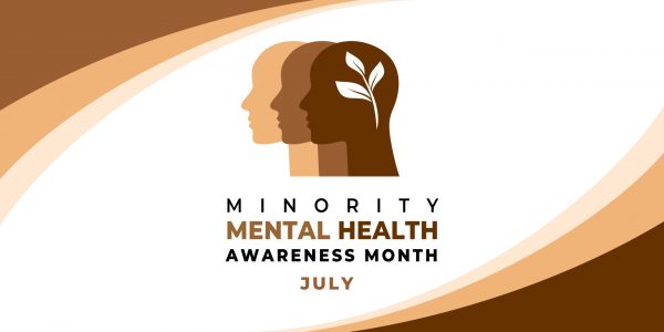 Minority Mental Health Awareness Month. Vector web banner for social media, poster, card, flyer. Text Minority Mental Health Awareness Month, July. Human head, a plant with leaves on white background